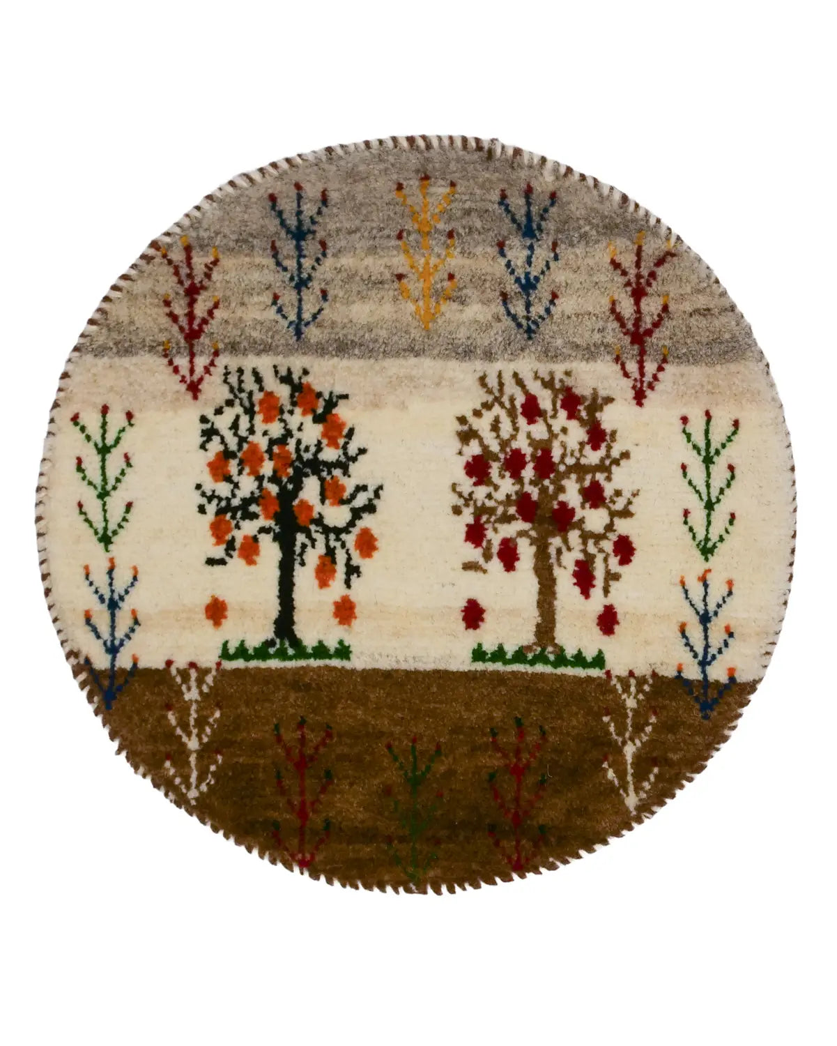 シーラーズ産ウール手織りギャッベ 円形ラグ 樹木文様