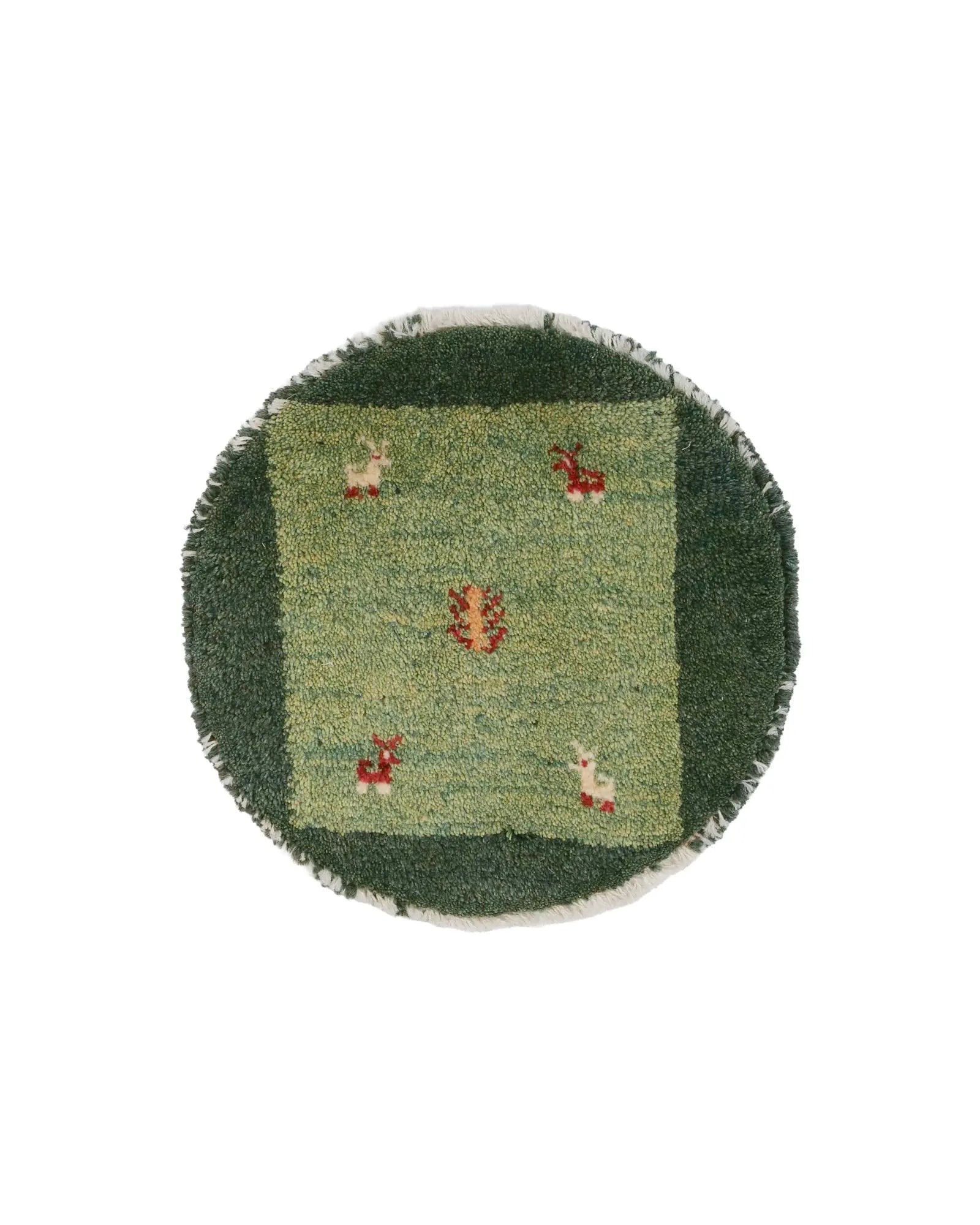 ペルシャ絨毯 ギャッベ 38x38cm 座布団 緑 グリーン 円形