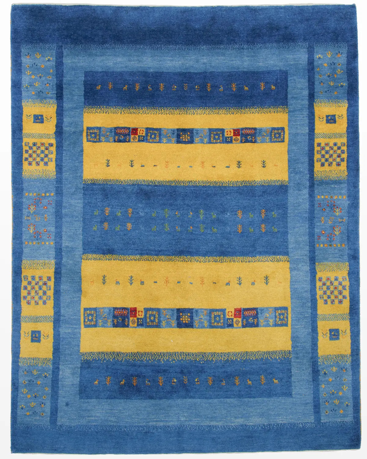 シーラーズ産ギャッベ ファイン、ブルーとイエローが美しい手織りウールラグ