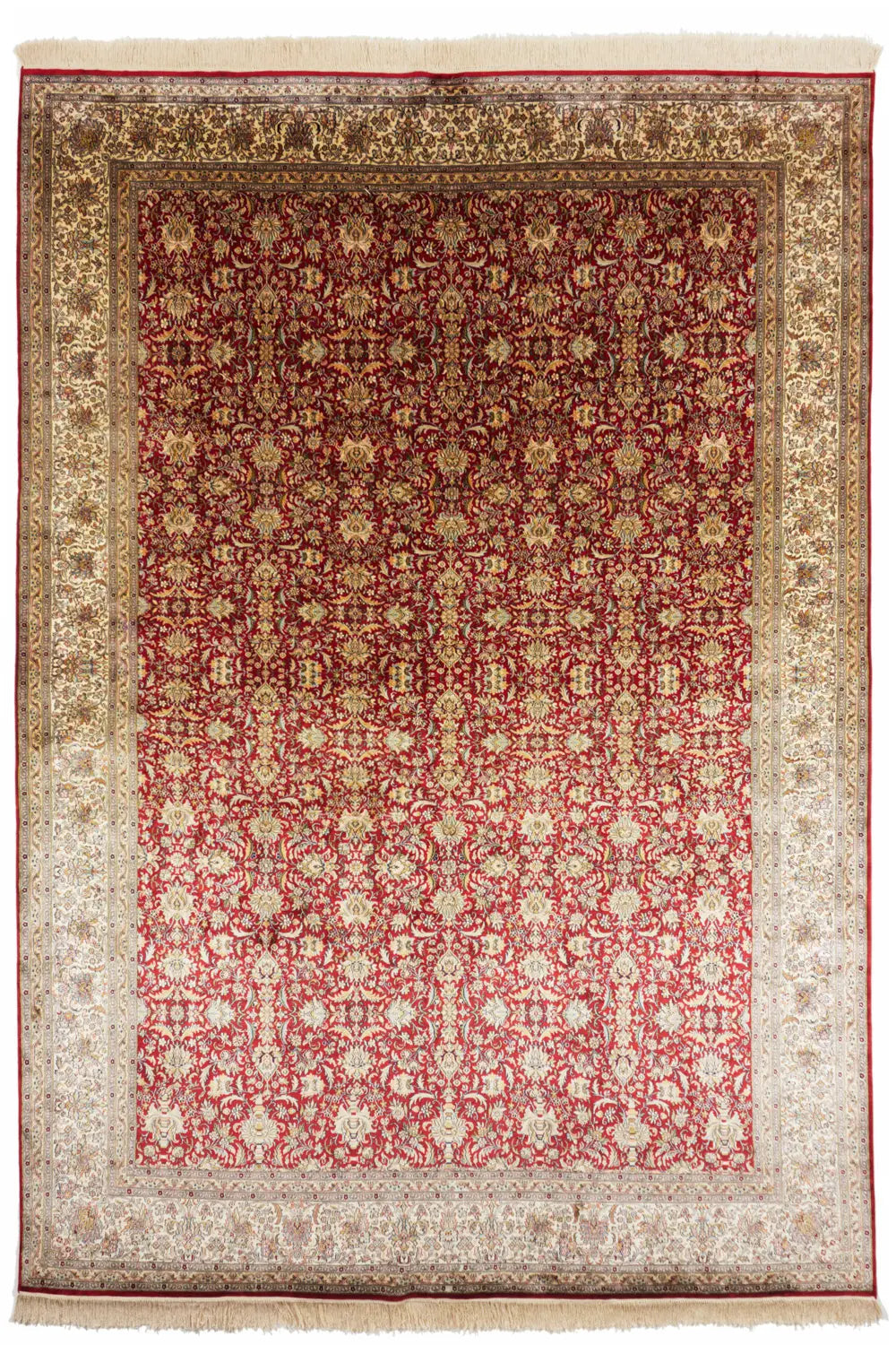 赤とクリーム色のカシミールシルク絨毯