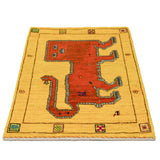 ライオンラグ ギャッベ 60x90cm ペルシャ絨毯 ウール 黄色 オレンジ 手織り 玄関マット