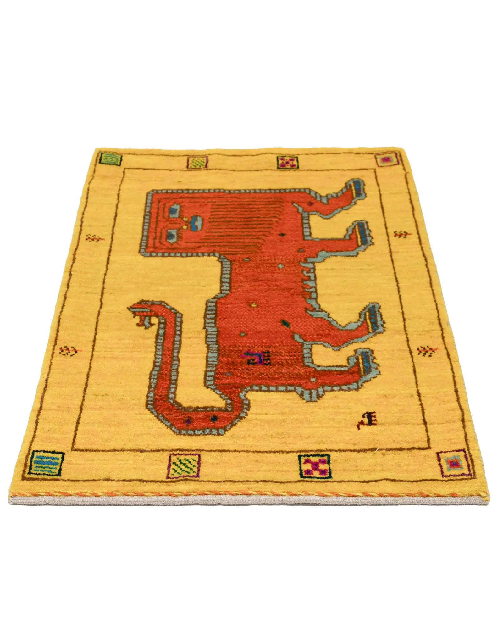 ライオンラグ ギャッベ 60x90cm ペルシャ絨毯 ウール 黄色 オレンジ 手織り 玄関マット