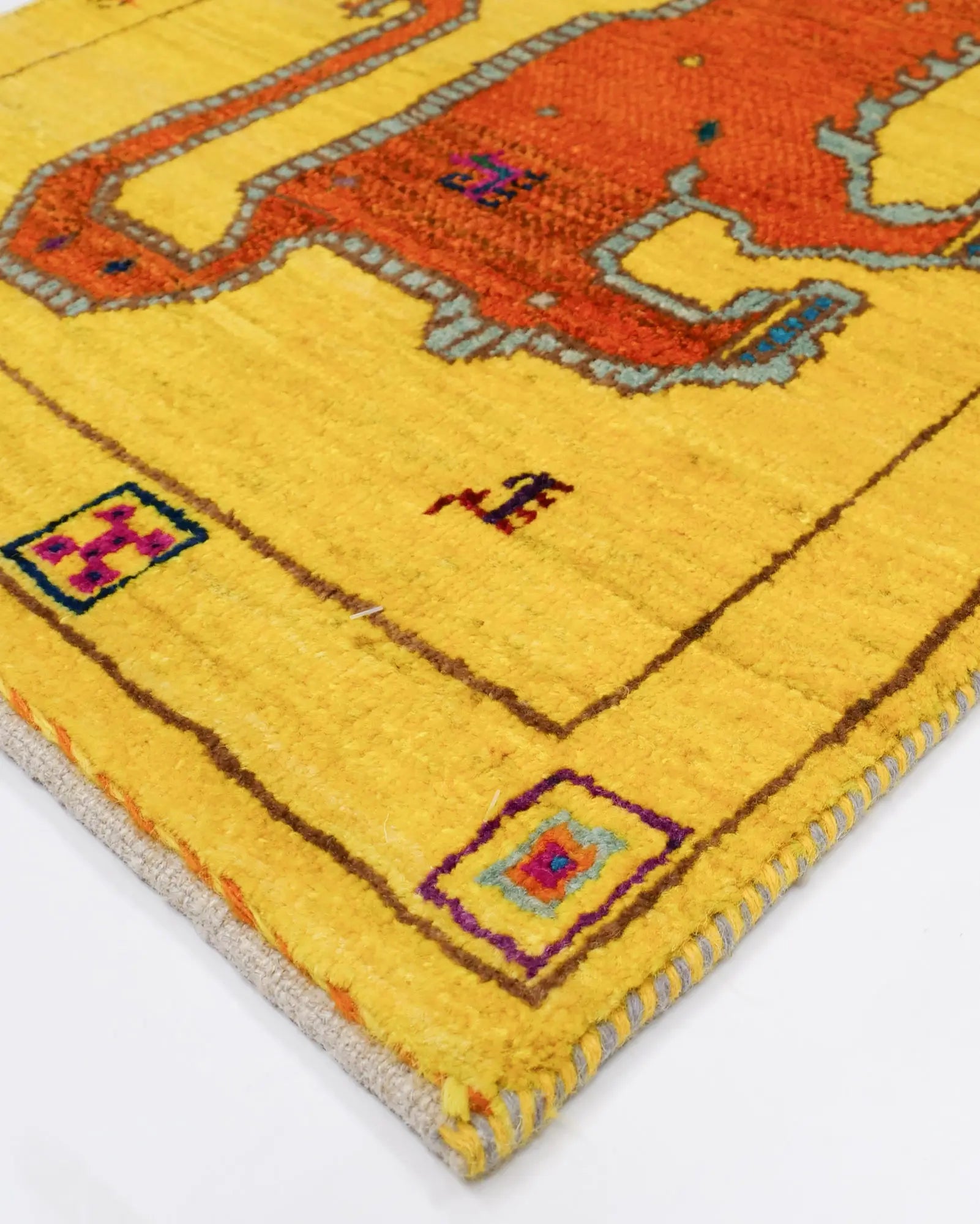 ライオンラグ ギャッベ 60x90cm ペルシャ絨毯 ウール 黄色 オレンジ 手織り 玄関マット