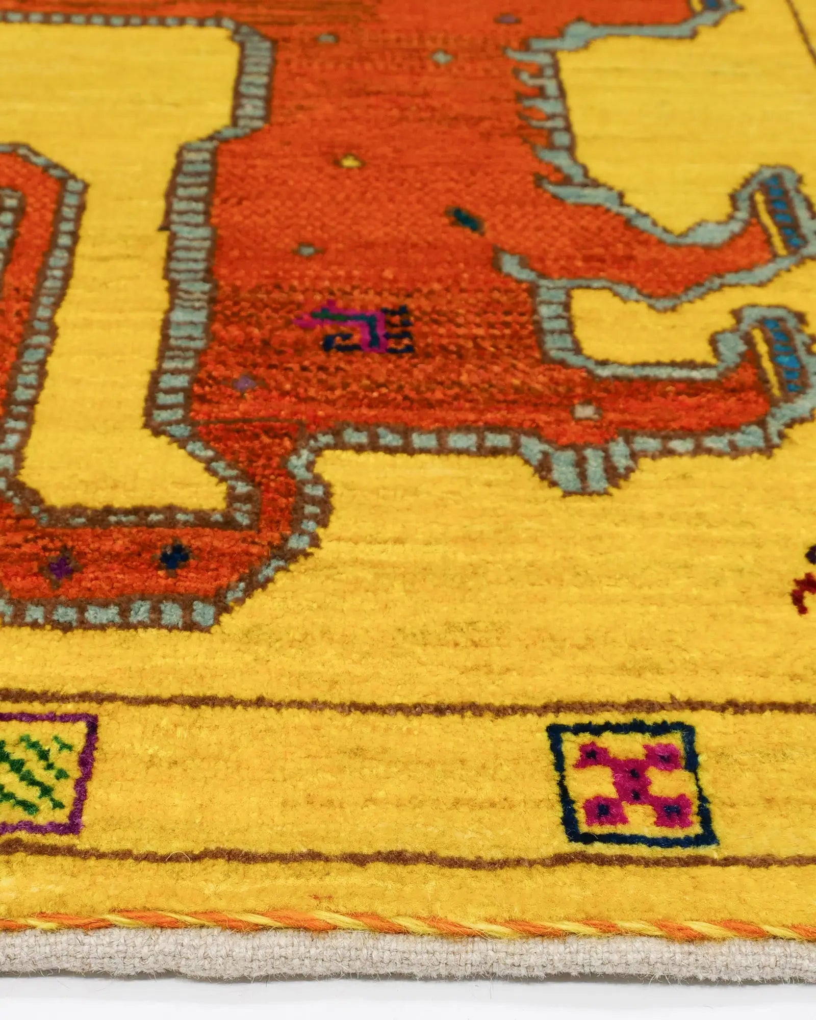 ライオンラグ ギャッベ 60x90cm ペルシャ絨毯 ウール 黄色 オレンジ 手織り 玄関マット
