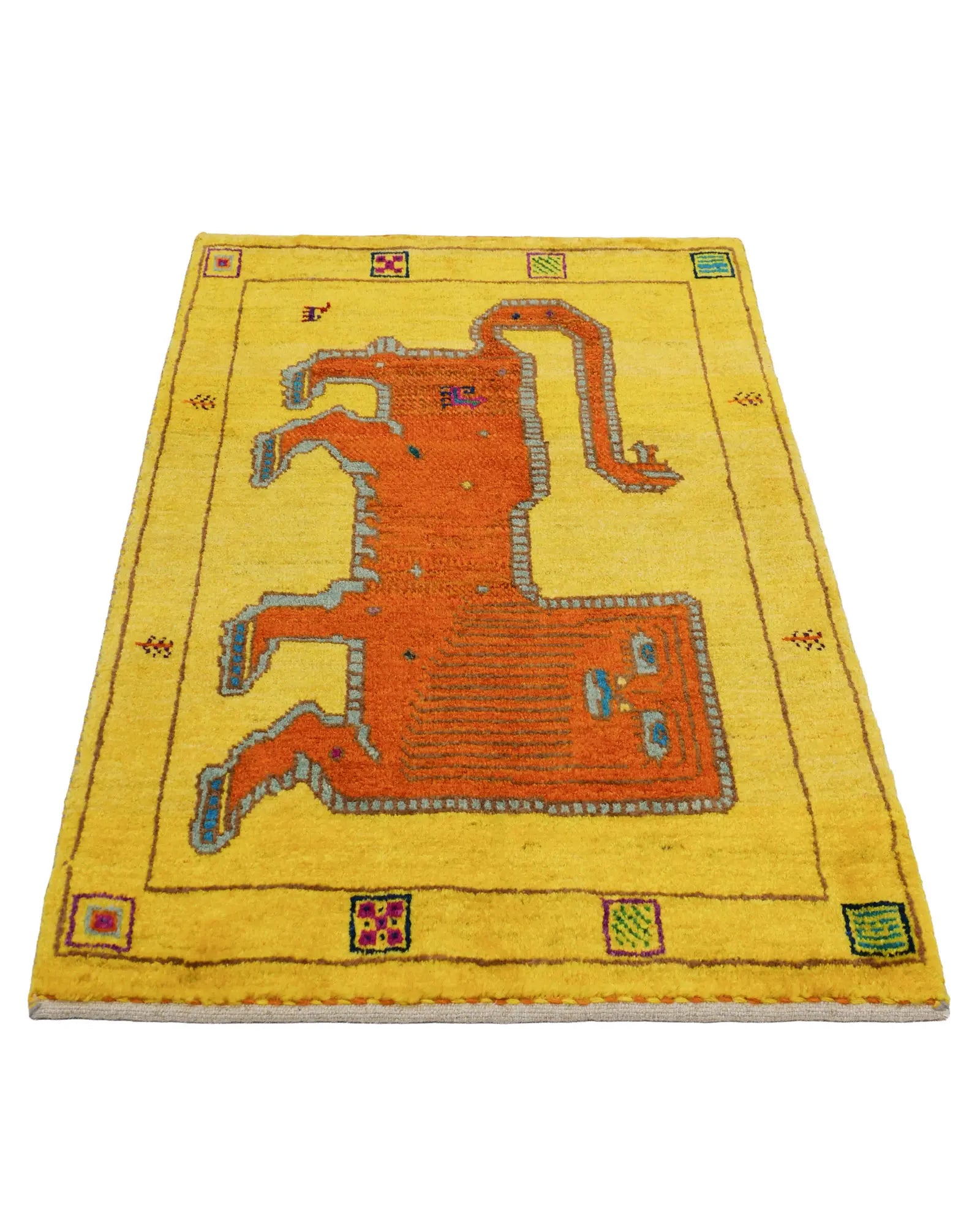 ライオンラグ ギャッベ 60x90cm ペルシャ絨毯 ウール 黄色 オレンジ 手織り 玄関マット
