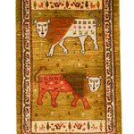 ライオンラグ、向かい合う二頭のライオンが織り込まれた手織りギャッベ 約56×92cm