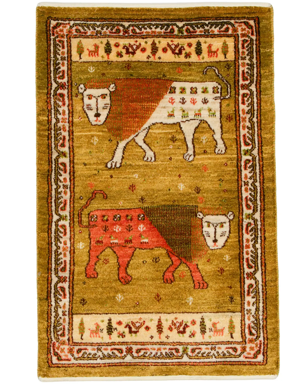 ライオンラグ、向かい合う二頭のライオンが織り込まれた手織りギャッベ 約56×92cm