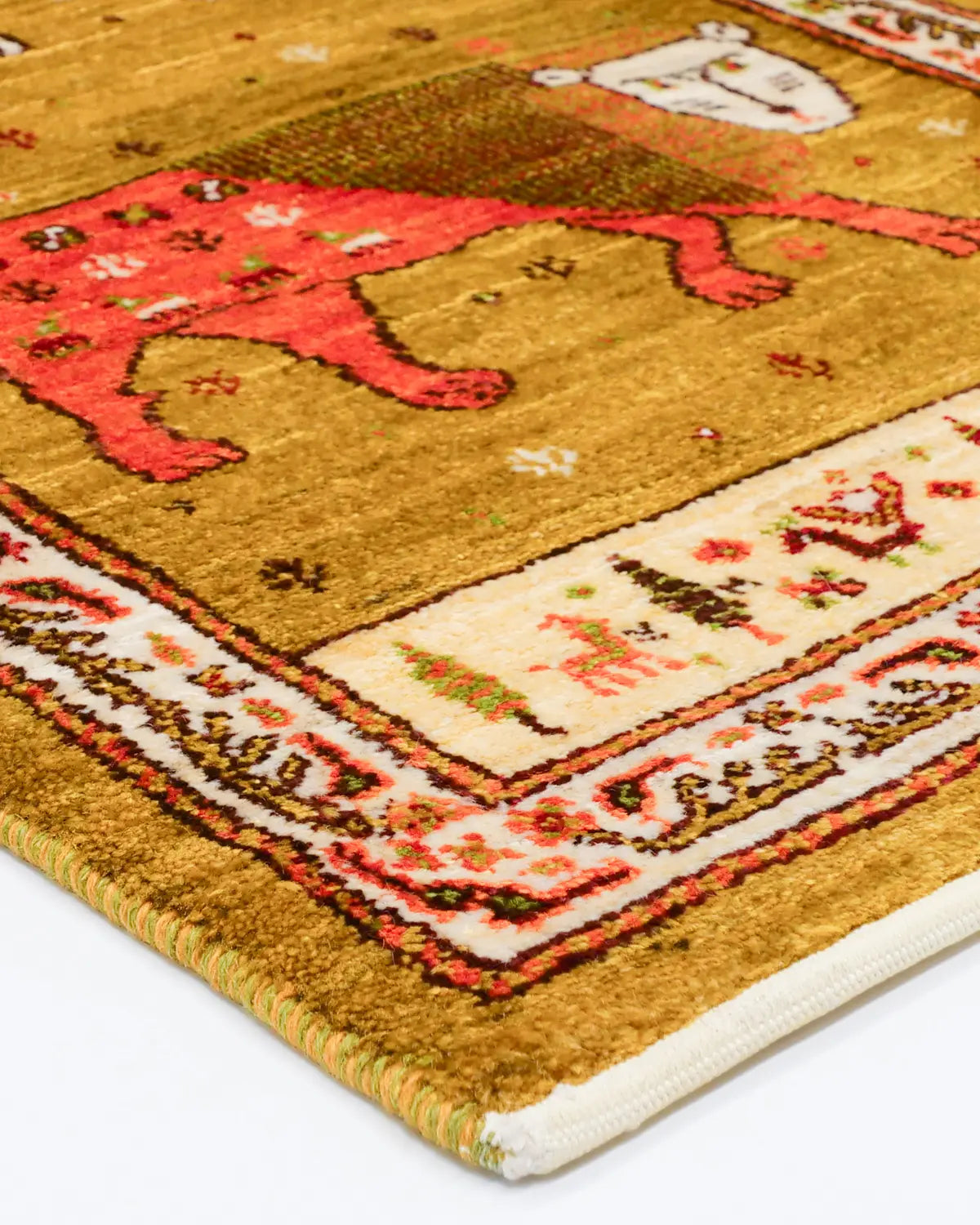 二頭のライオンが印象的なギャッベ、シーラーズ産高品質ウールの小型手織り絨毯