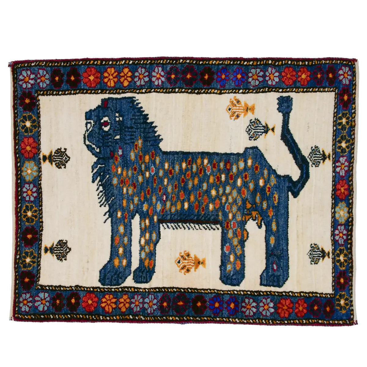 シーラーズ産ウール手織りライオンギャッベ ブルーフレーム