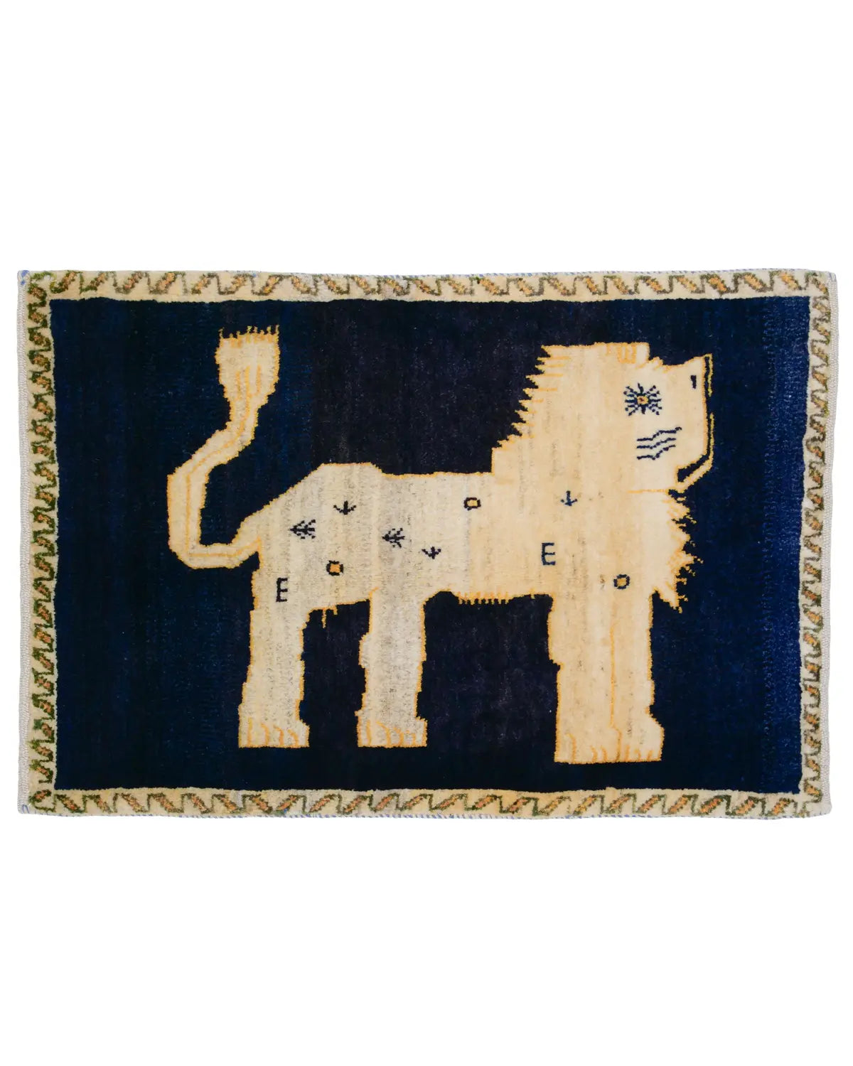 シーラーズ産ウール手織りペルシャ絨毯 ライオンギャッベ ネイビー