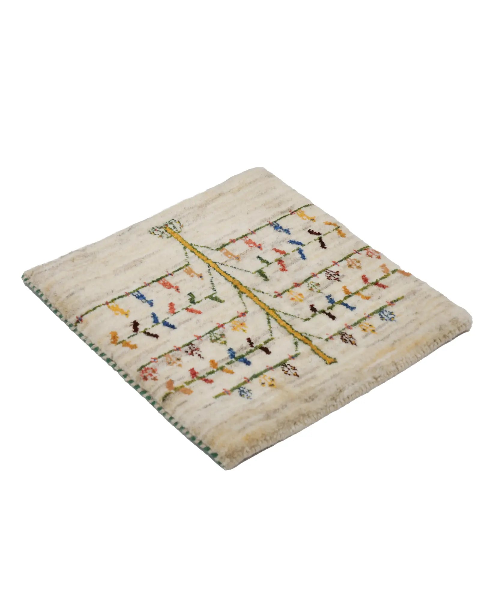 ギャッベ 座布団 40cm x 40cm ペルシャ絨毯 アイボリー 生命の木 手織り ラグ 