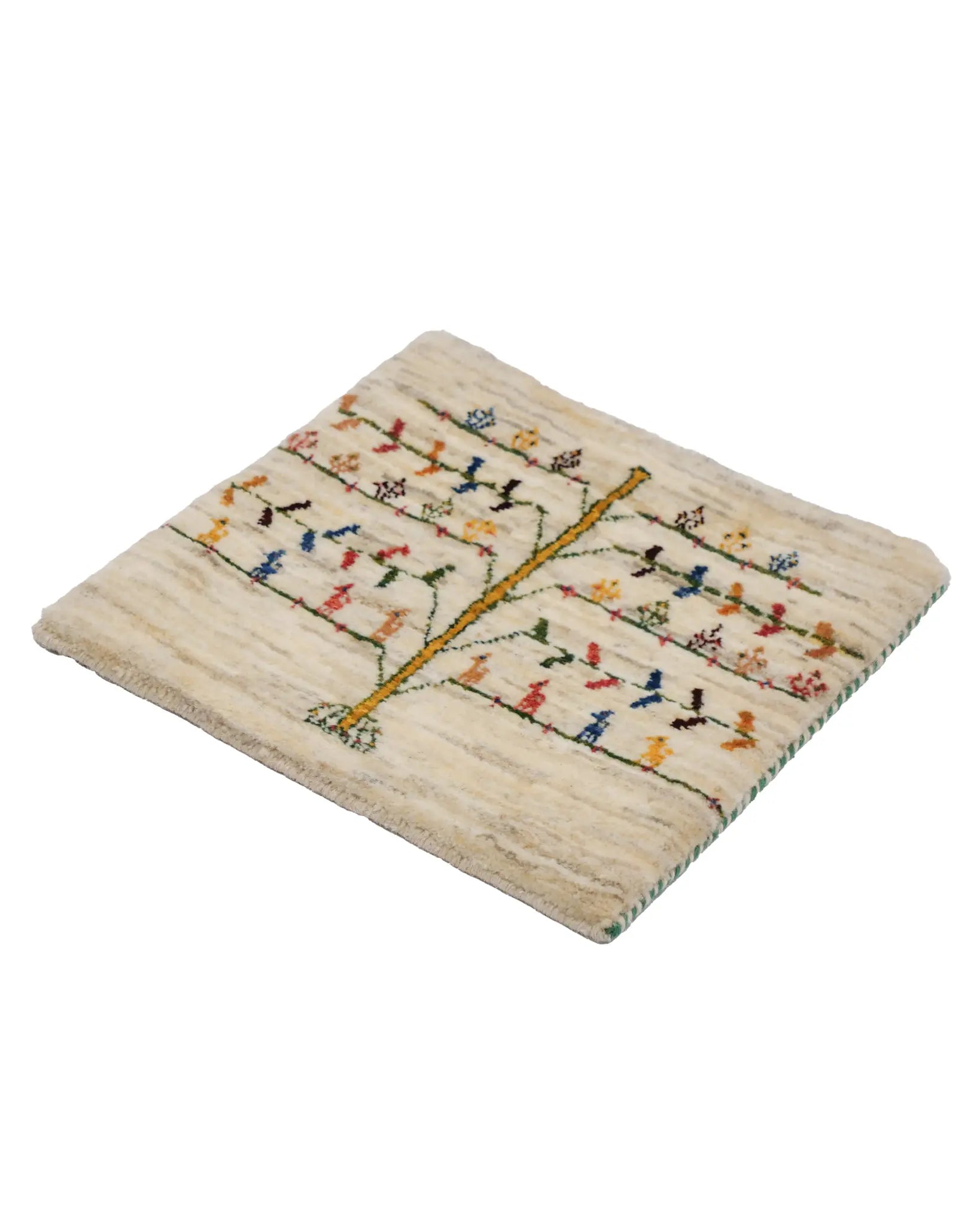 ギャッベ 座布団 40cm x 40cm ペルシャ絨毯 アイボリー 生命の木 手織り ラグ 