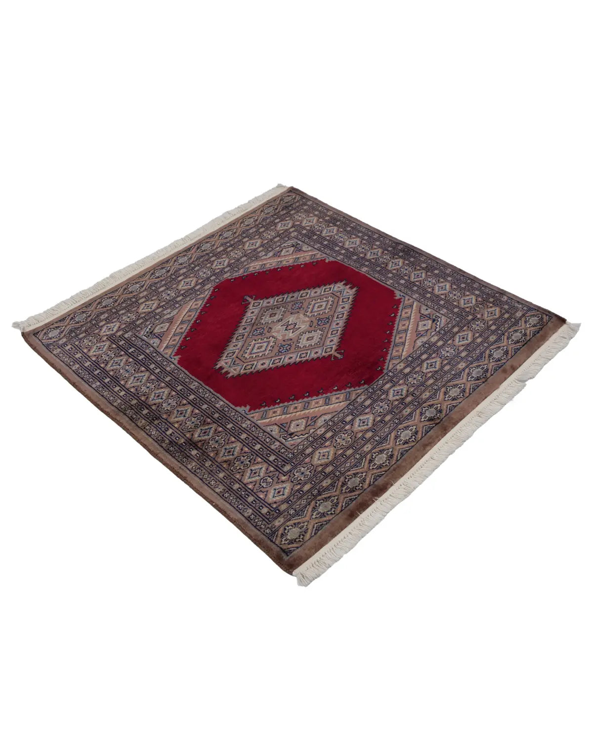 パキスタン絨毯 ラホール産 ウール 89x92cm 赤 レッド 正方形 手織り