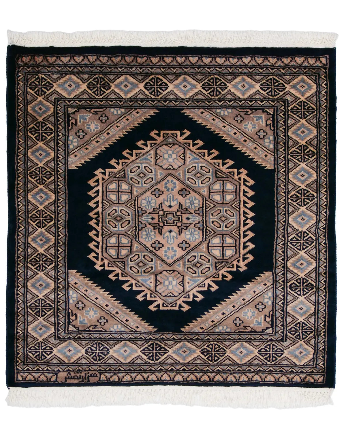 パキスタン絨毯 ラホール産 75x77cm 青 ネイビー 正方形 手織り