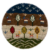 シーラーズ産ウール手織りギャッベ 木と鹿の文様 円形ラグ