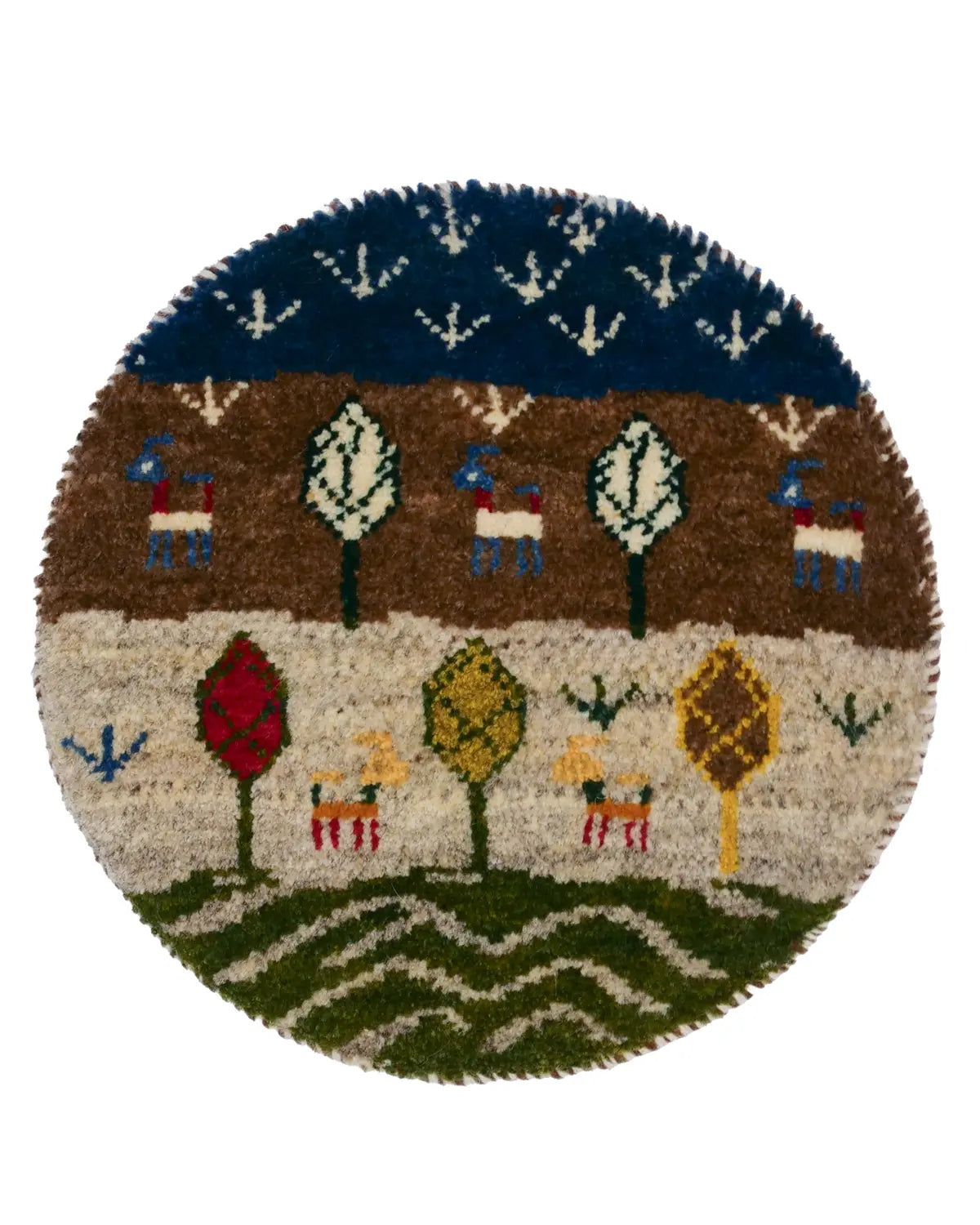 シーラーズ産ウール手織りギャッベ 木と鹿の文様 円形ラグ
