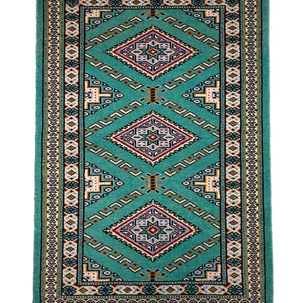 パキスタン絨毯 玄関マット(49x77cm)緑 手織りラグ【絨毯専門店】