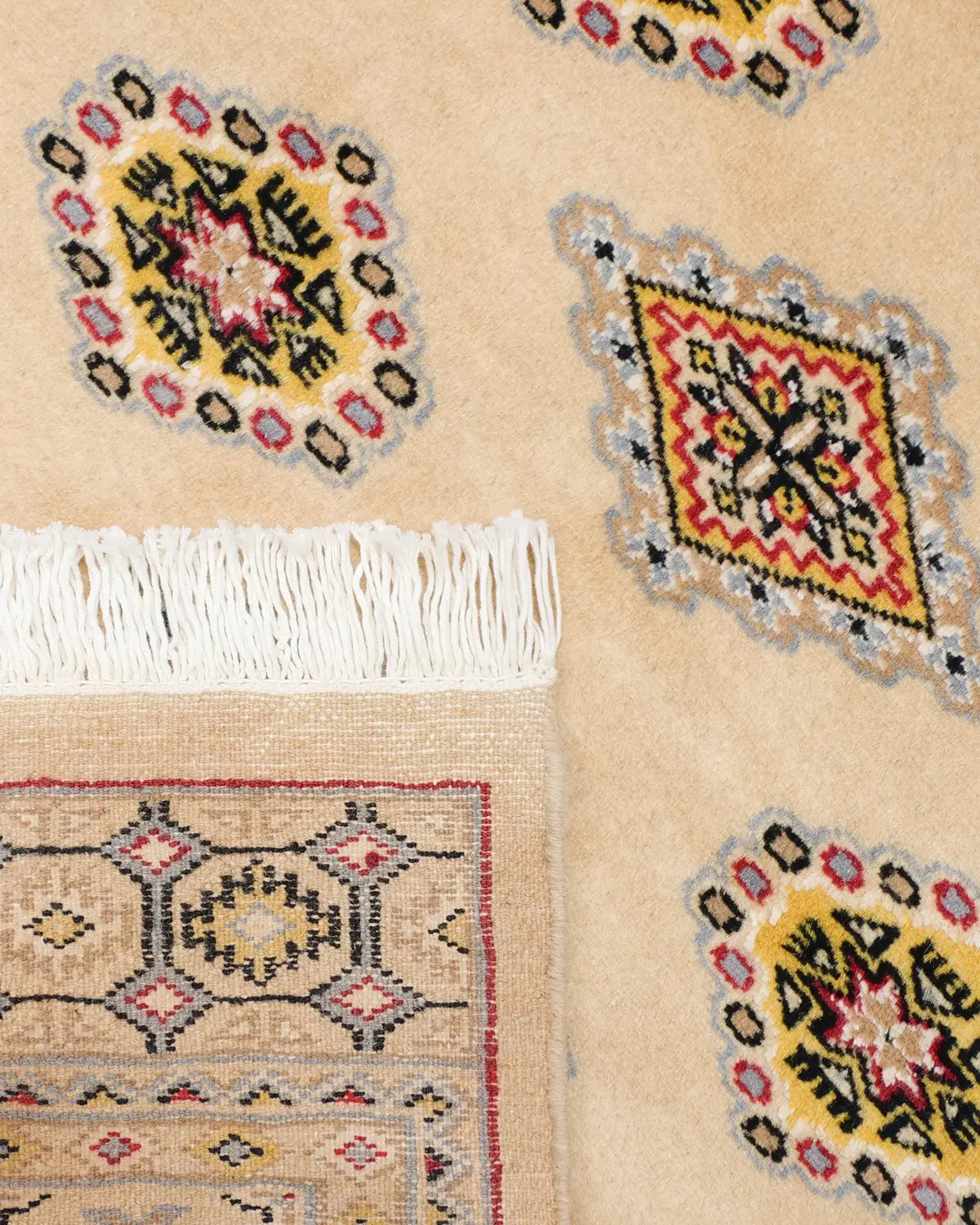 手織りウール絨毯 パキスタン産 ベージュ 幾何学文様