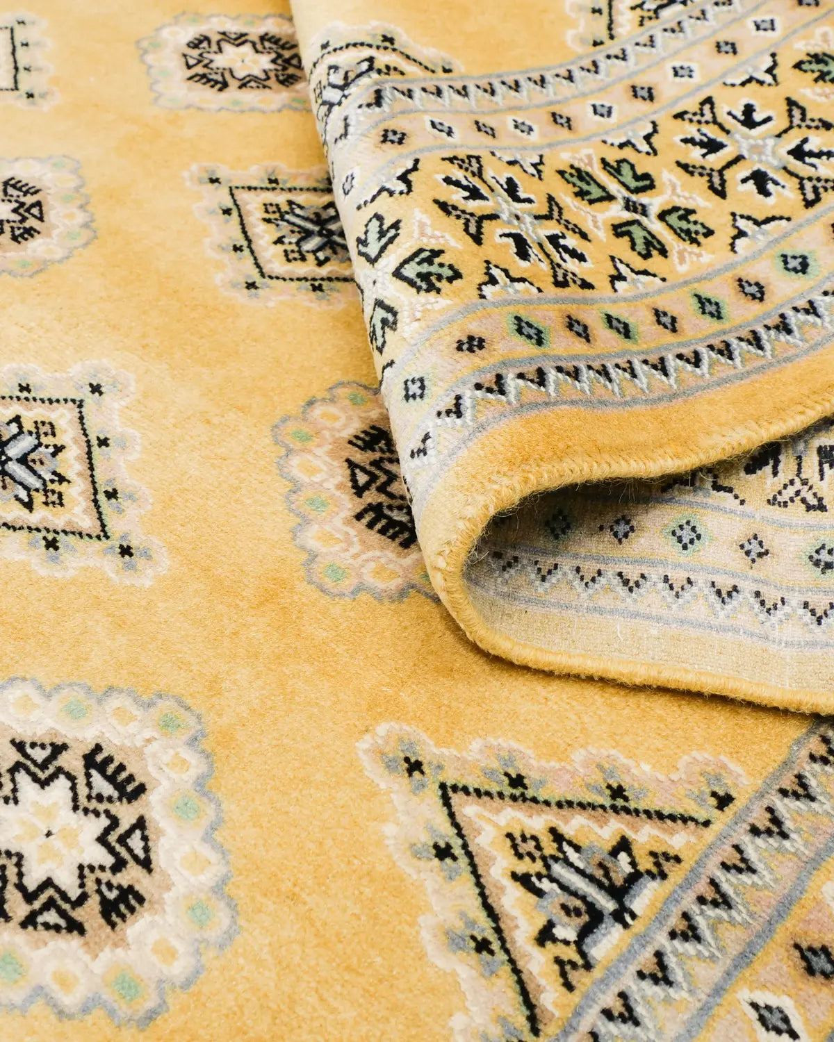 手織りパキスタン絨毯 黄色 ウール シンプルデザイン