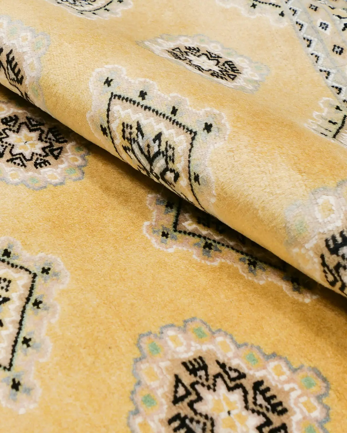 手織りウール絨毯 パキスタン産 黄色 幾何学文様