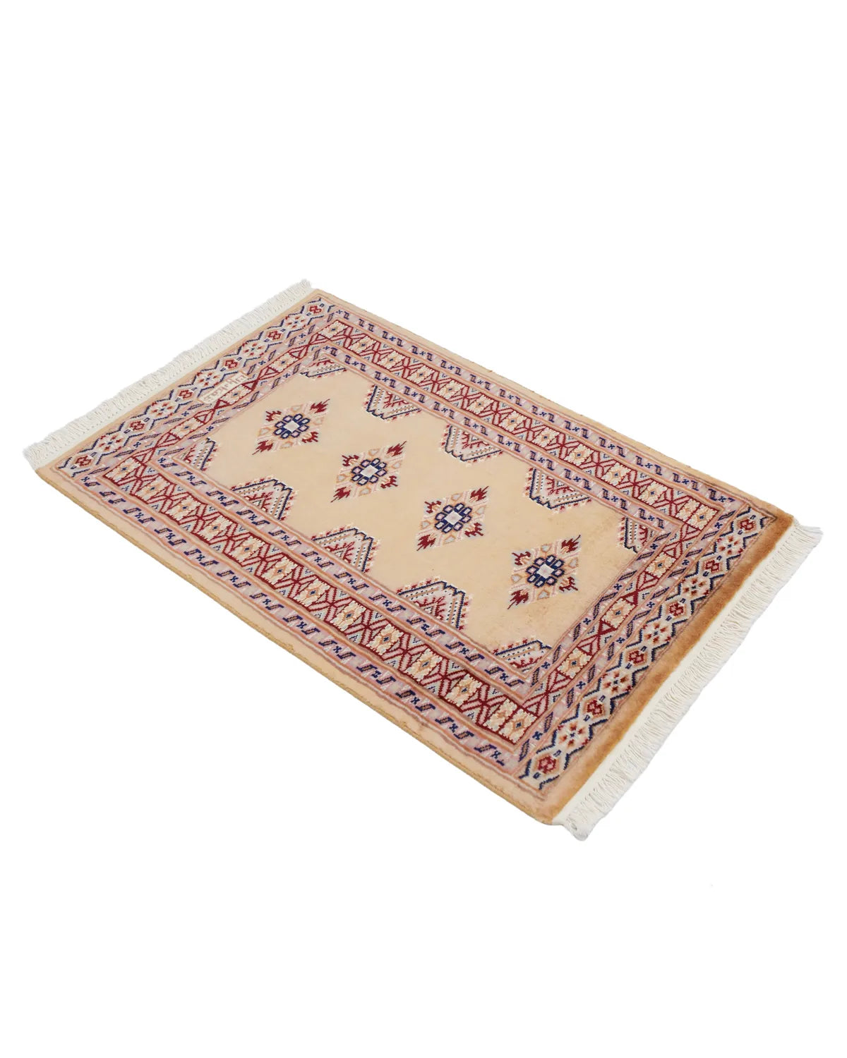 パキスタン絨毯 ベージュ 玄関マット ウール手織りラグ 約91×62cm 全体（フリンジ側）