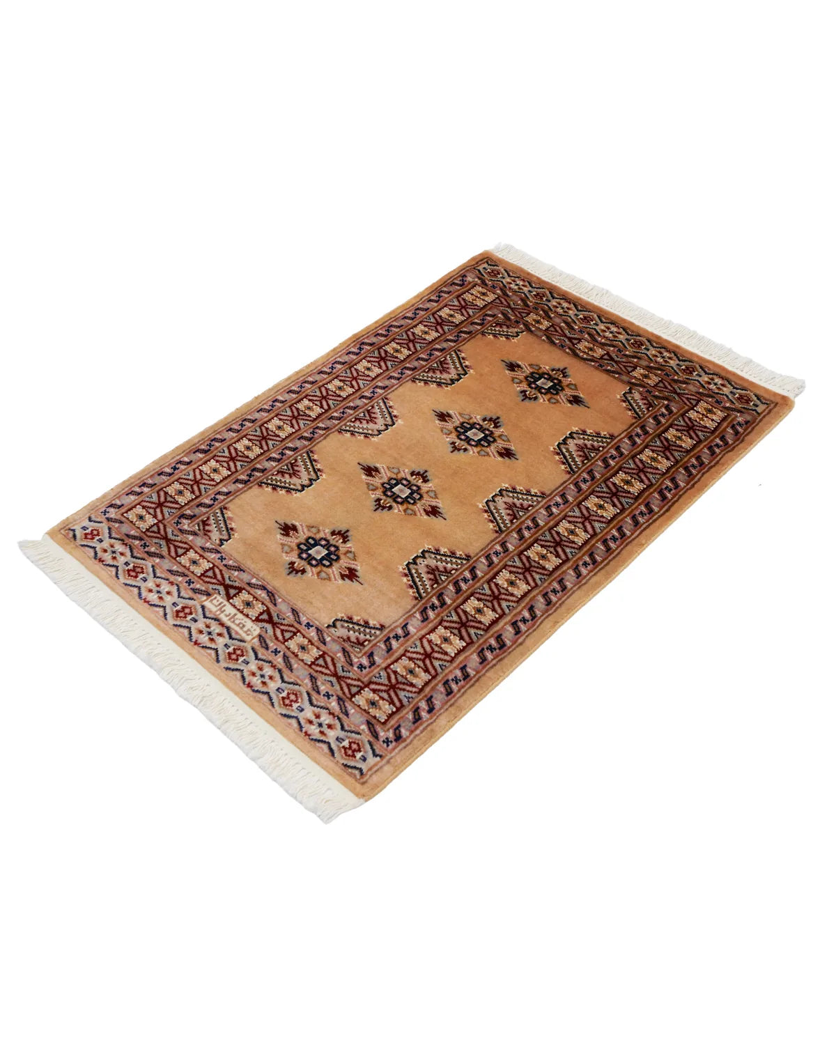 パキスタン絨毯 ベージュ 玄関マット ウール手織りラグ 約91×62cm 斜めから見た全体