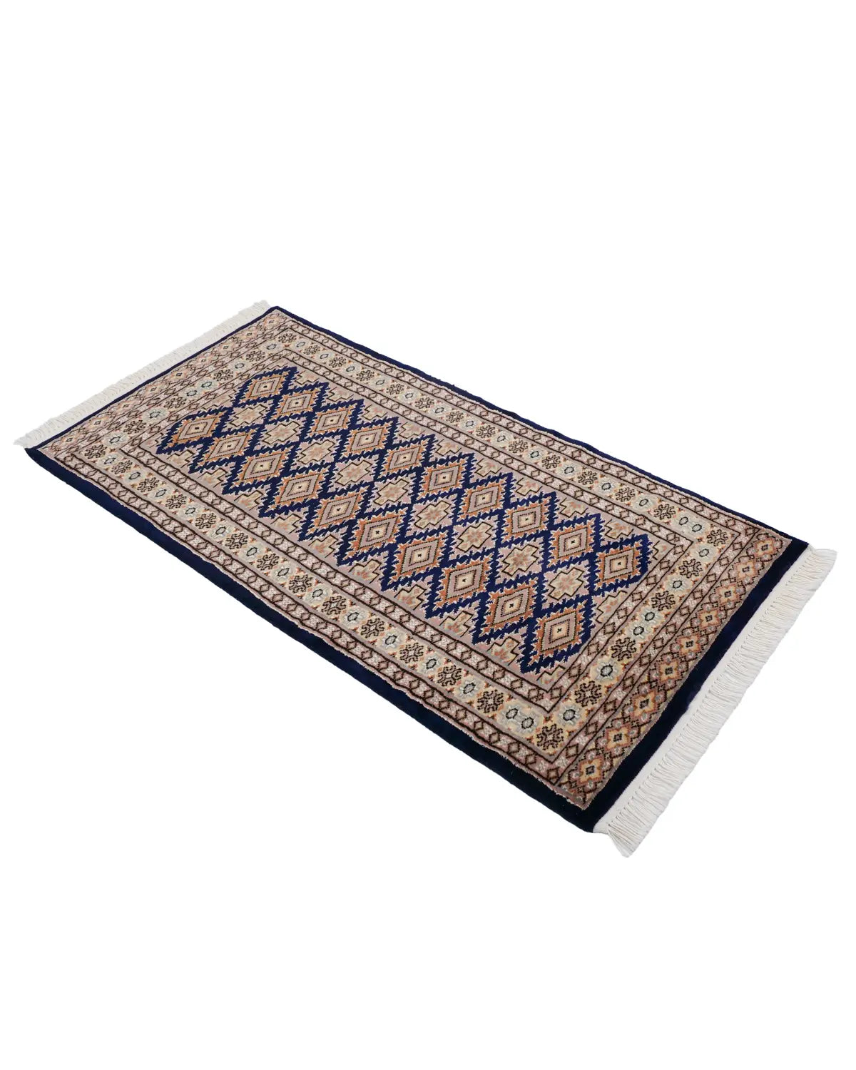 パキスタン絨毯 紺 玄関マット ウール手織りラグ 約61×119cm 全体（フリンジ側）