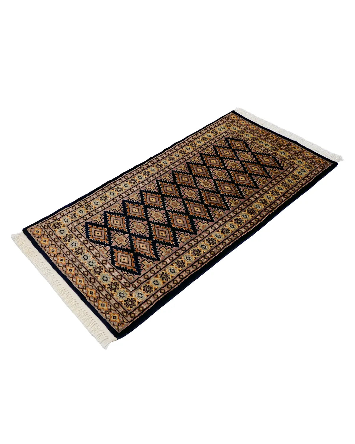 パキスタン絨毯 紺 玄関マット ウール手織りラグ 約61×119cm 斜めから見た全体