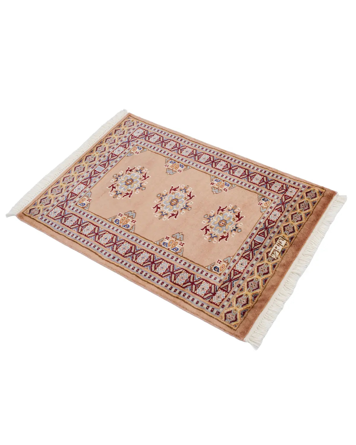 パキスタン絨毯 キャメル 玄関マット ウール手織りラグ 約84×60cm 全体（フリンジ側）