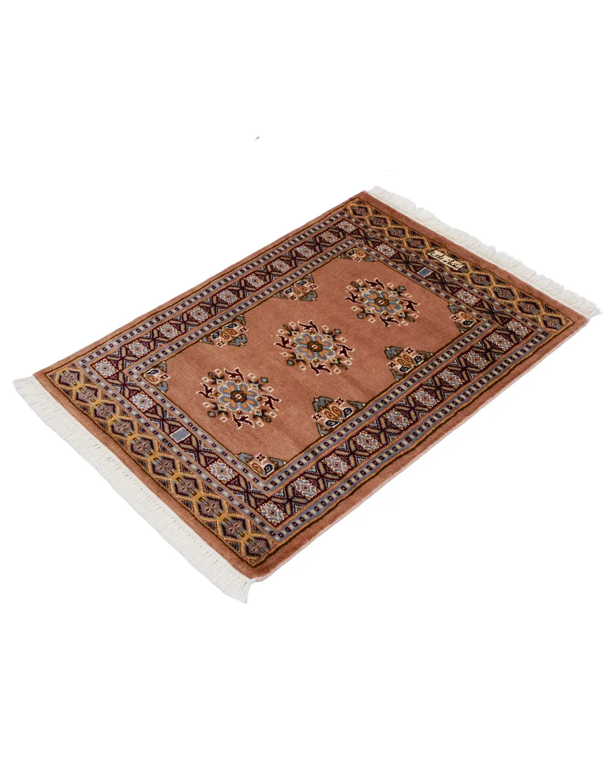 パキスタン絨毯 キャメル 玄関マット ウール手織りラグ 約84×60cm 斜めから見た全体