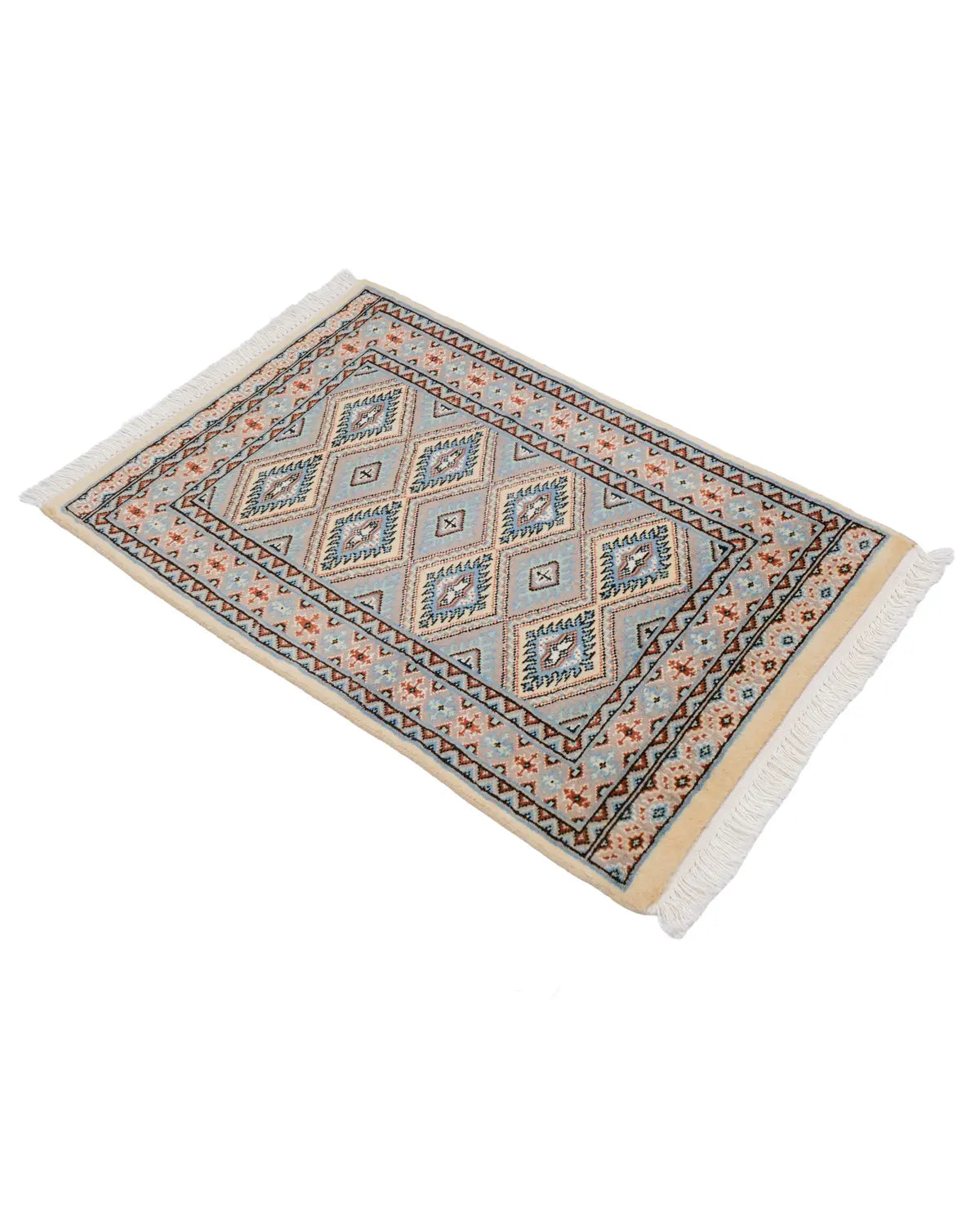 パキスタン絨毯 ブルー 玄関マット ウール手織りラグ 約90×61cm 全体（フリンジ側）