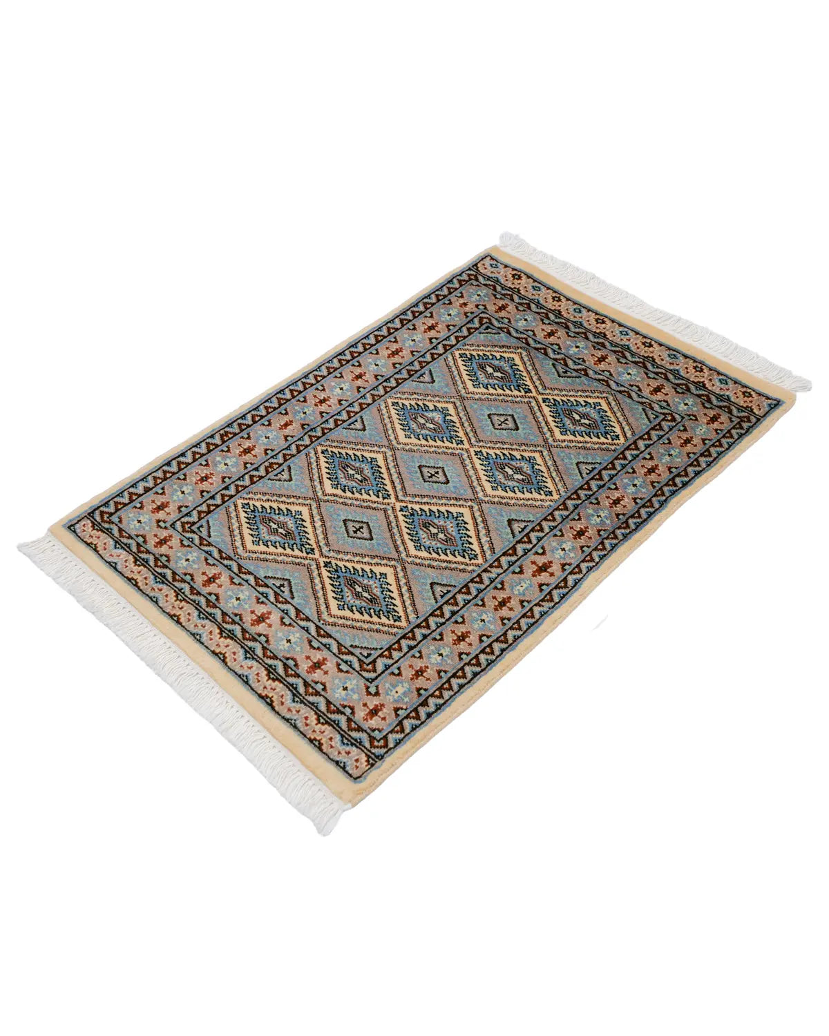 パキスタン絨毯 ブルー 玄関マット ウール手織りラグ 約90×61cm 斜めから見た全体