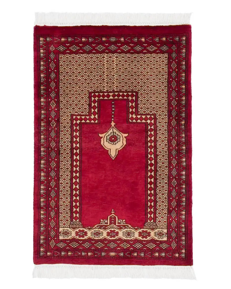 パキスタン絨毯 ミフラーブとシャンデリア柄 赤とベージュのウールラグ 62x93cm 手織り ラホール産