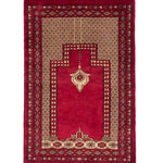 パキスタン絨毯 ミフラーブとシャンデリア柄 赤とベージュのウールラグ 62x93cm 手織り ラホール産