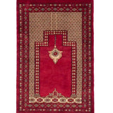 パキスタン絨毯 ミフラーブとシャンデリア柄 赤とベージュのウールラグ 62x93cm 手織り ラホール産