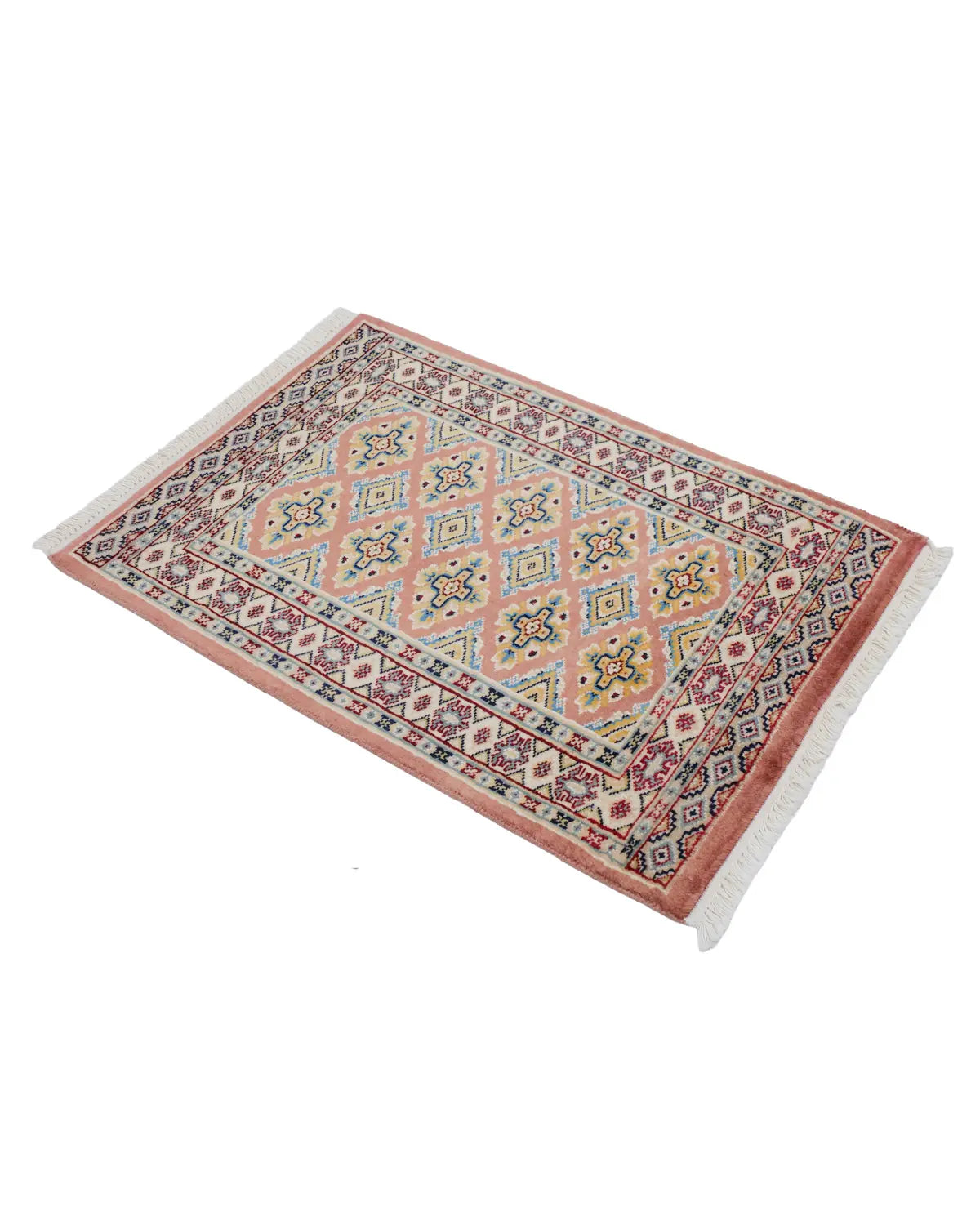 パキスタン絨毯 テラコッタ 玄関マット ウール手織りラグ 約89×63cm 全体（フリンジ側）