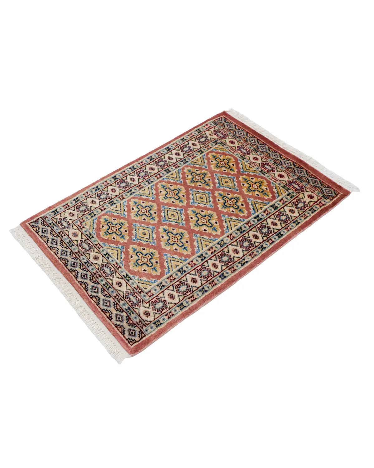 パキスタン絨毯 テラコッタ 玄関マット ウール手織りラグ 約89×63cm 斜めから見た全体
