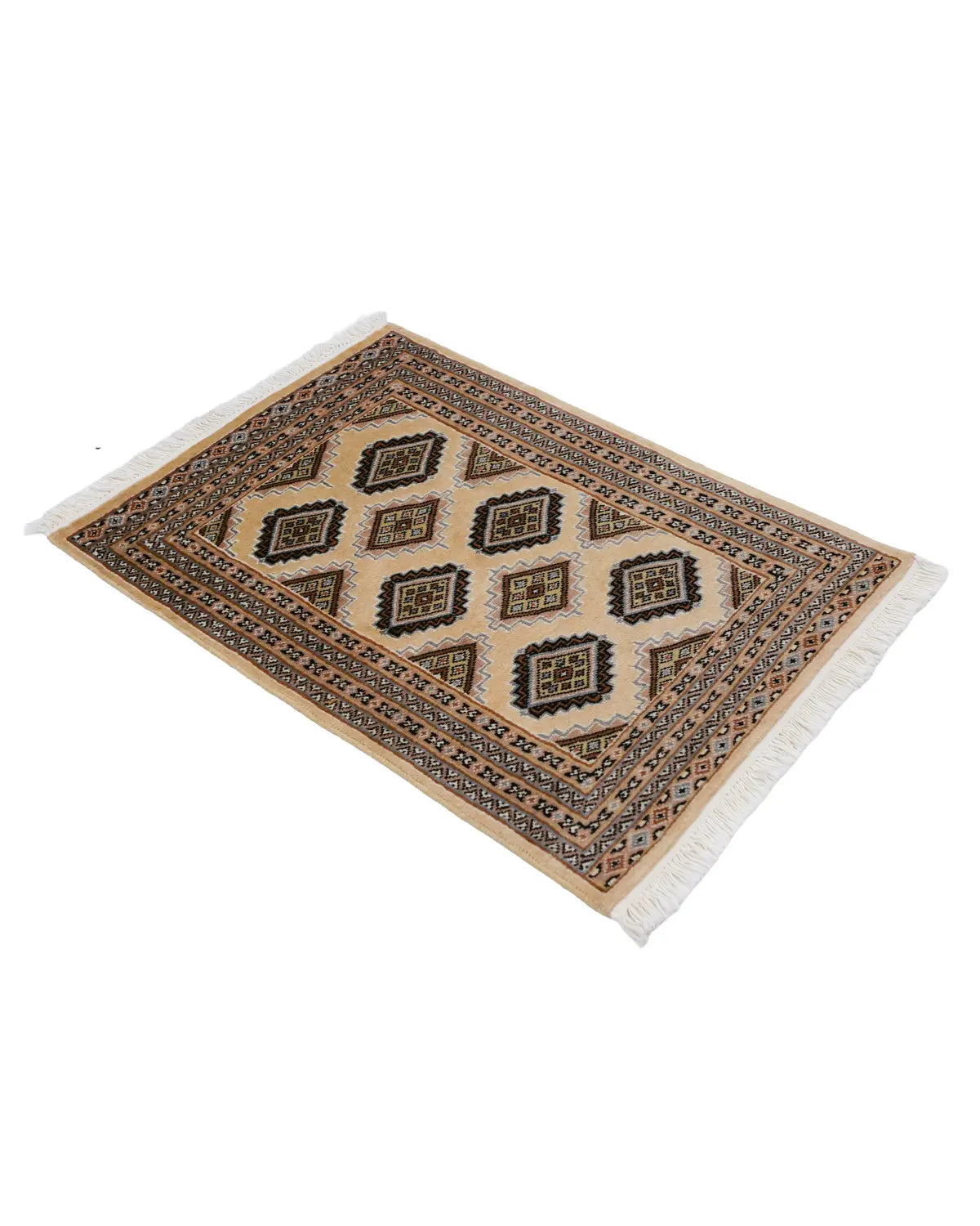 パキスタン絨毯 アイボリー 玄関マット ウール手織りラグ 約86×60cm 全体（フリンジ側）