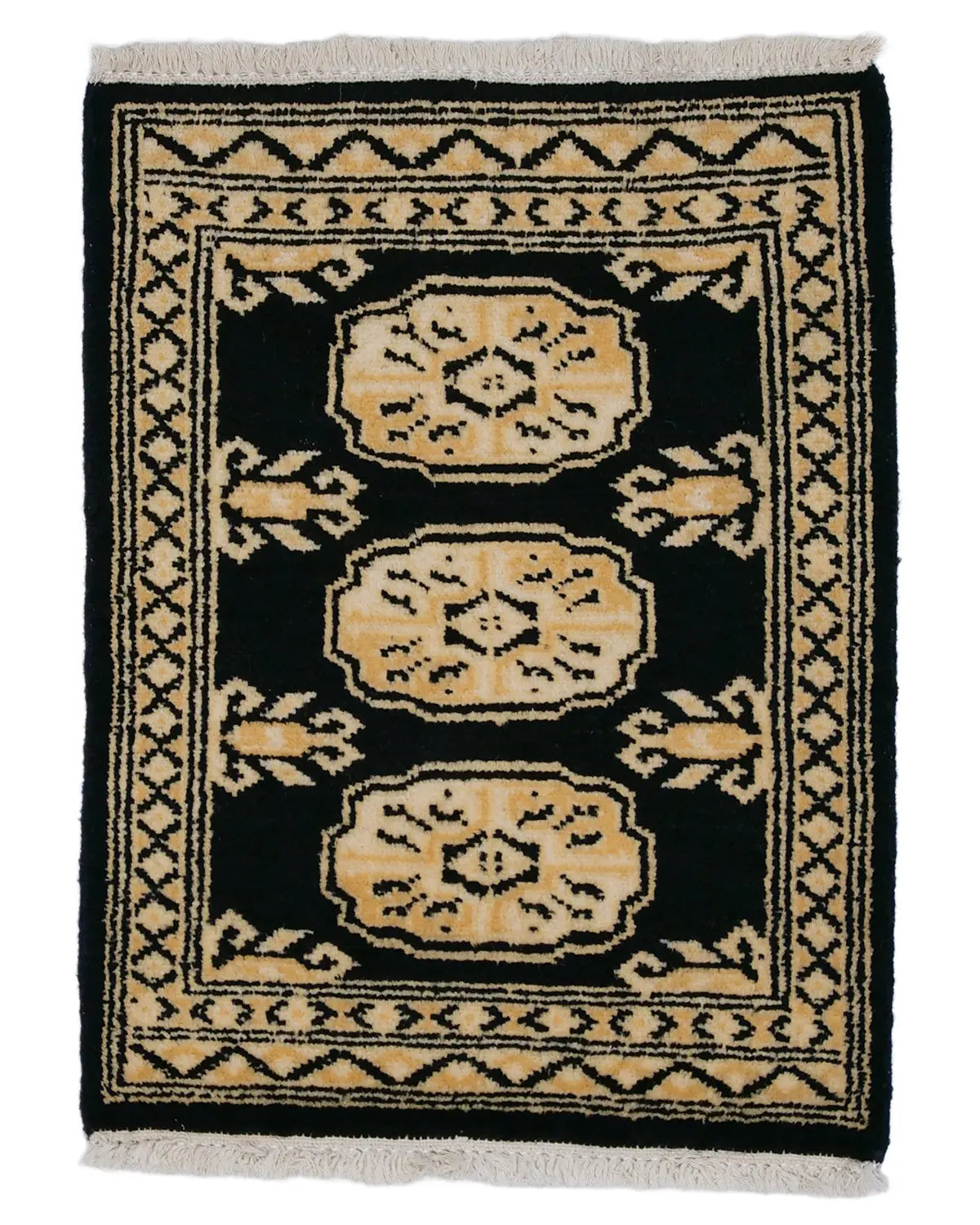 ラホール産パキスタン絨毯 黒 ボハラ柄 ウール 手織りラグ 45×60cm