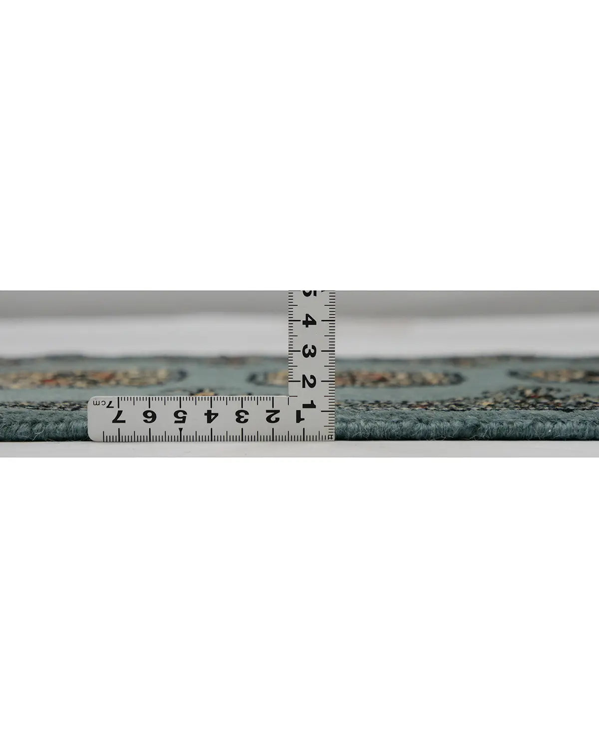 青のパキスタン絨毯 ウール 手織り 玄関マット 厚み