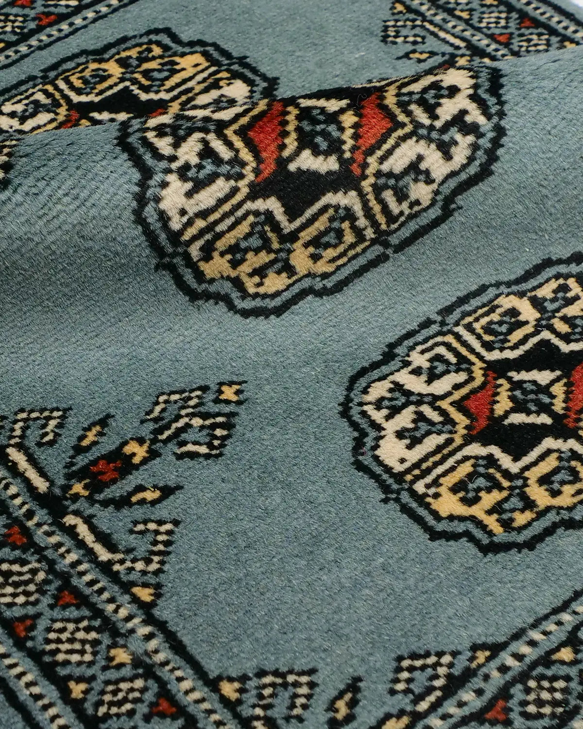 玄関マットに使えるパキスタンラグ 青 ボハラ柄 手織りウール