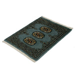 青いパキスタン絨毯 ボハラ柄 ウール 手織り 小さめ玄関マット