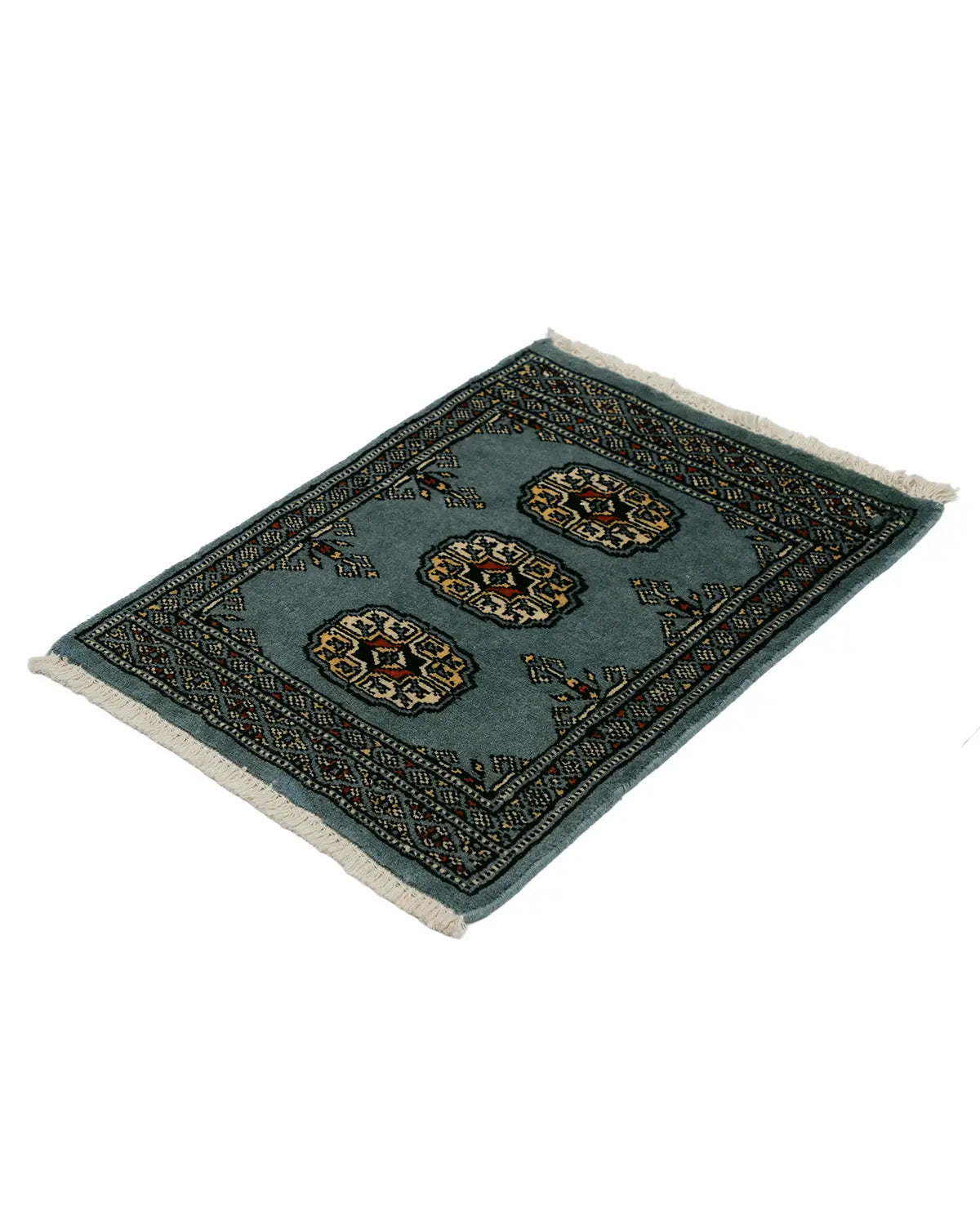 青いパキスタン絨毯 ボハラ柄 ウール 手織り 小さめ玄関マット