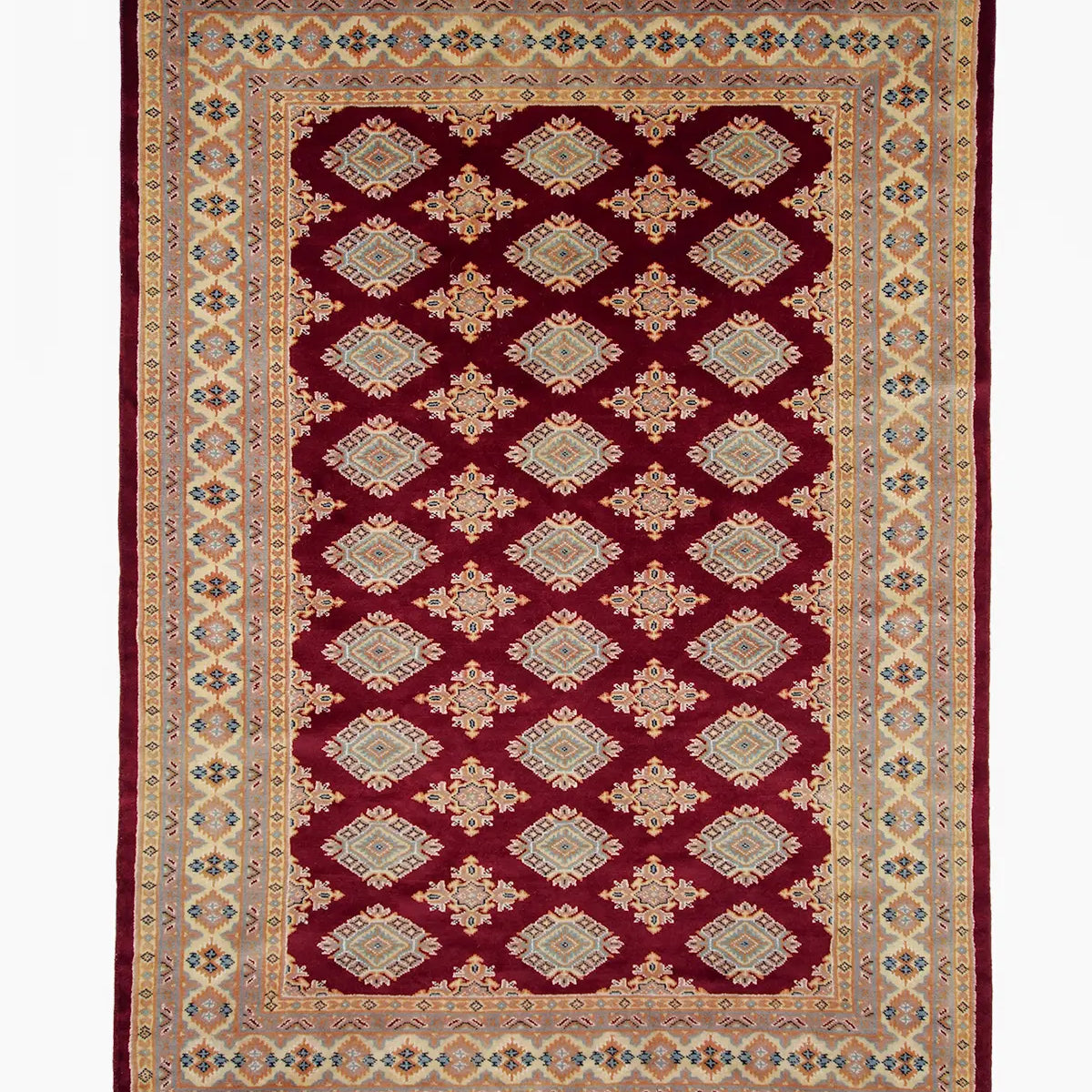 ラホール産パキスタン絨毯 ウール製 赤地の幾何学模様ラグ