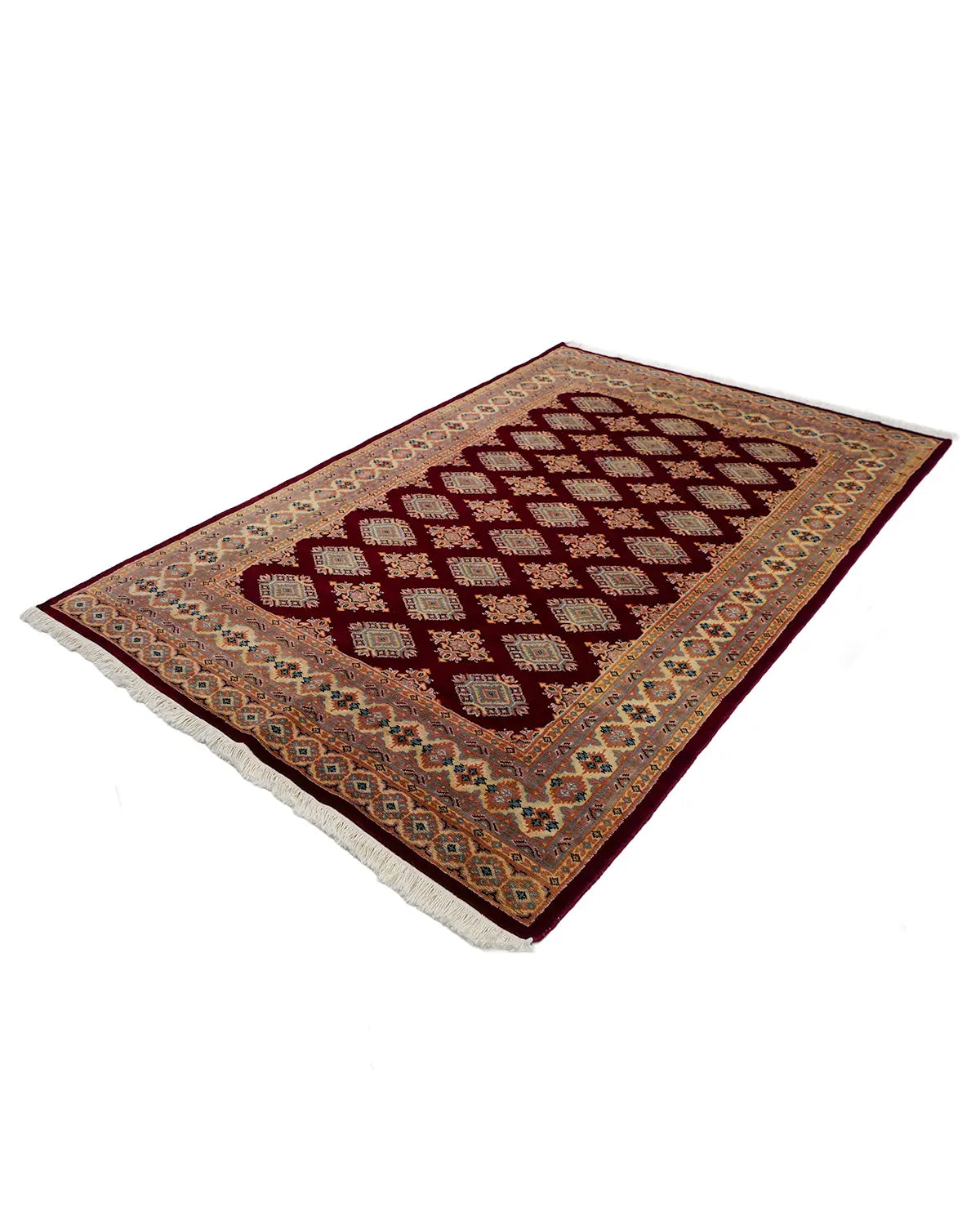 パキスタン絨毯 ラホール産 ウール 幾何学文様 赤系カラー