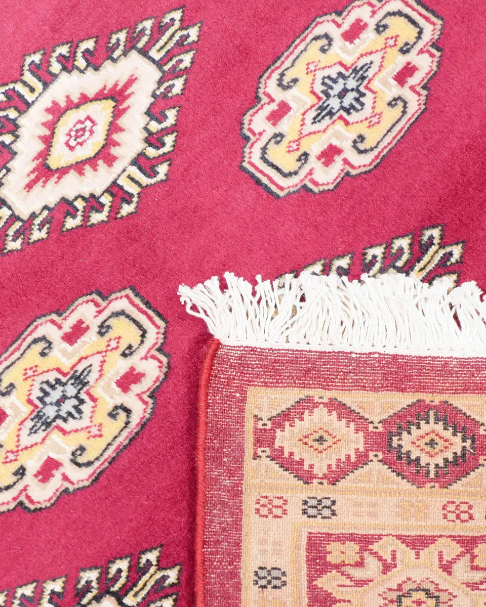 赤を基調としたパキスタン絨毯。中央にはひし形のジャルダン柄と楕円形のボハラ柄が交互に並び、周囲は繊細な模様で縁取られている。