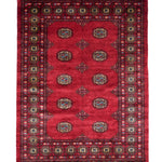 ラホール産の手織りパキスタン絨毯 赤色ボハラ柄 ウールラグ