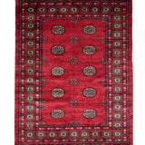 ラホール産の手織りパキスタン絨毯 赤色ボハラ柄 ウールラグ