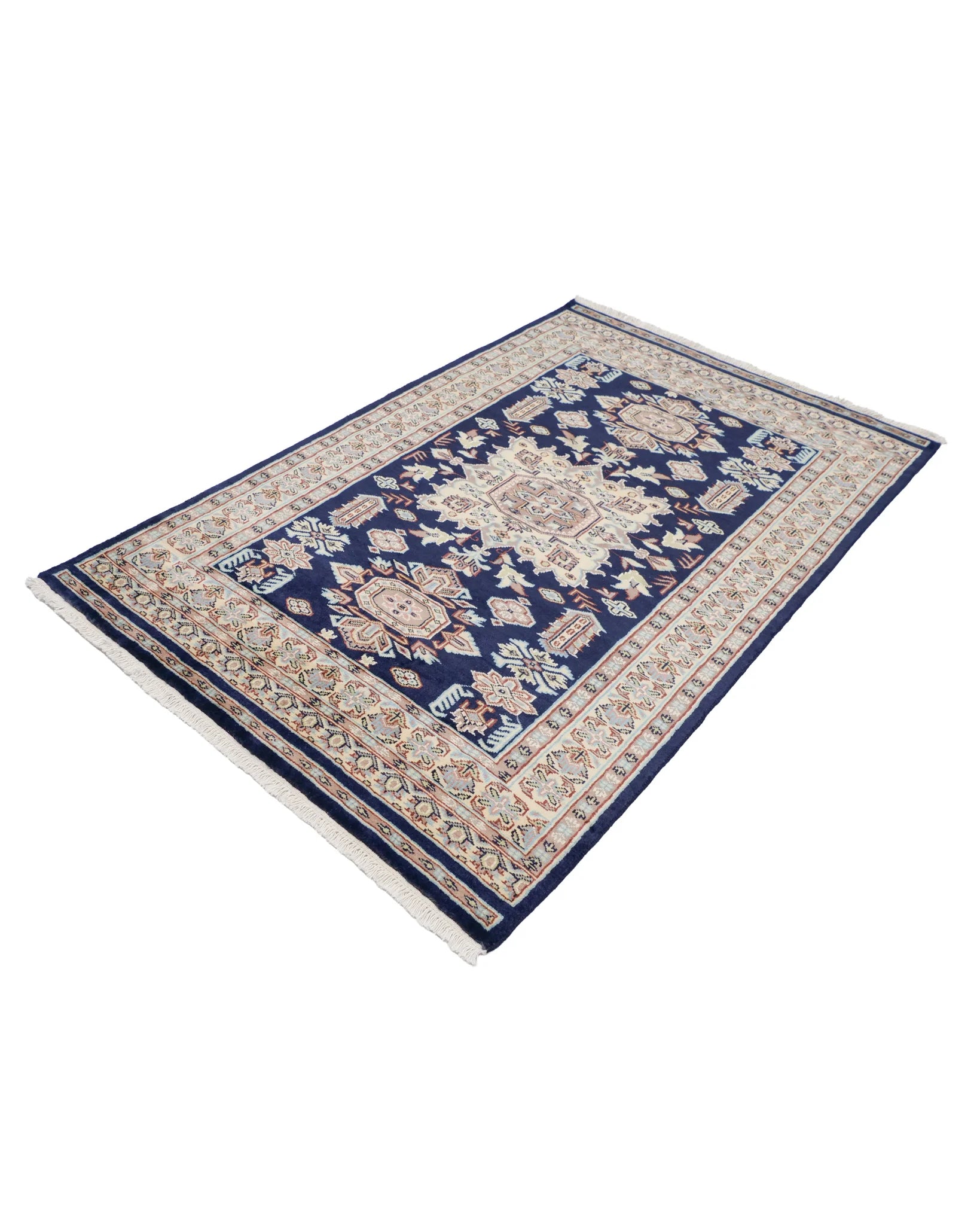 手織りのウールラグ ネイビーとベージュのコントラストが美しいデザイン