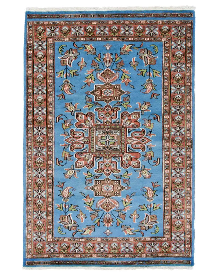 パキスタン絨毯 124x184cm 手織りラグ 水色 スカイブルー